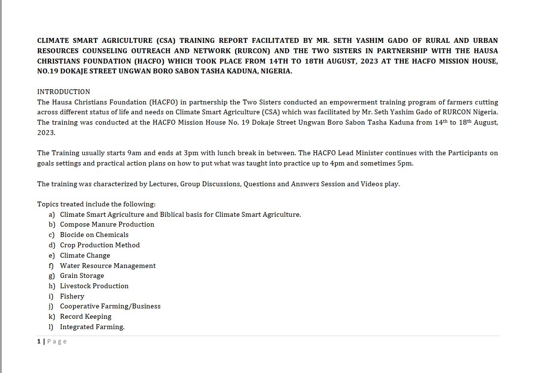 REPORTS ON THE RURCON SMART AGRIC PRACTICE TRAINING BRIEF